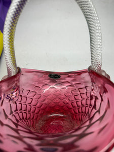 Vintage Crystal Riekes Wedding Glass Cranberry Hand Twist Handle Basket